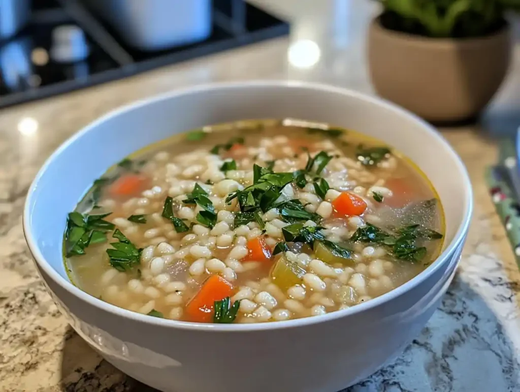 A bowl of pastina soup with herbs
