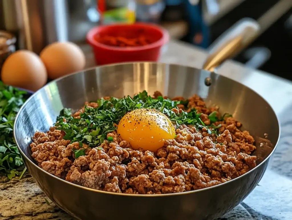 A bowl of ground beef with a cracked egg on top.