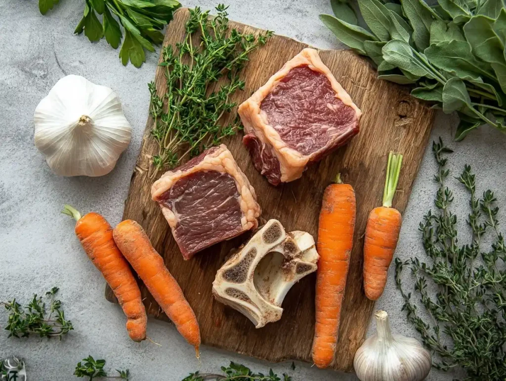 A variety of soup bones arranged on a rustic wooden board.