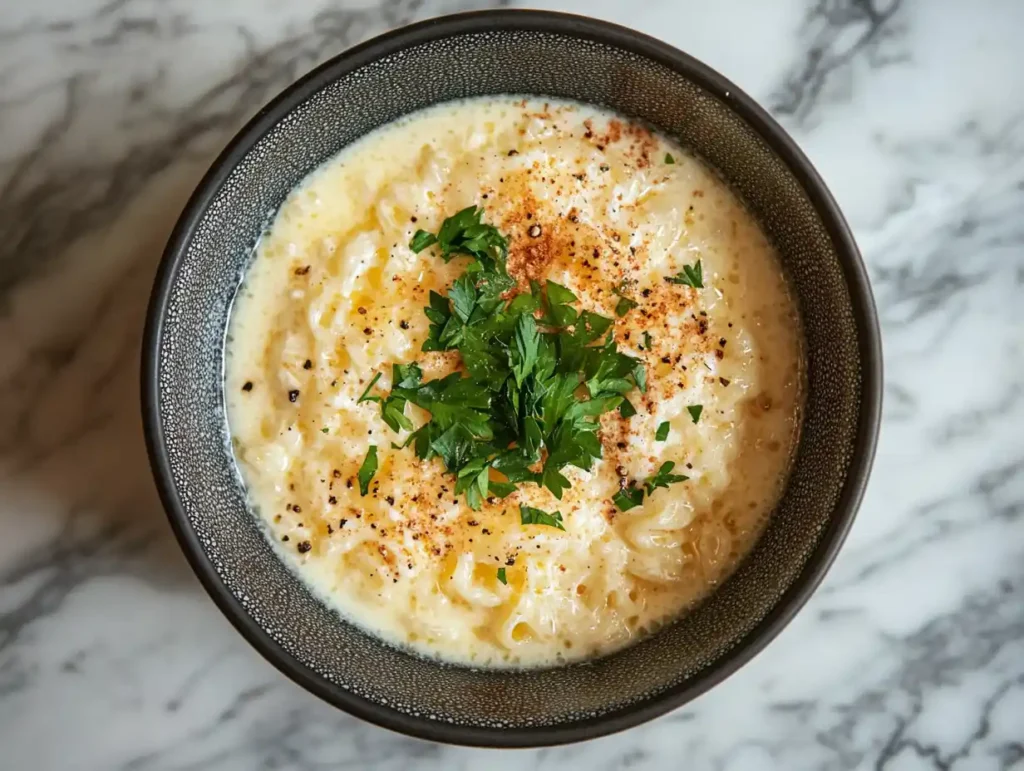 A bowl of creamy pastina with egg, garnished with parsley.