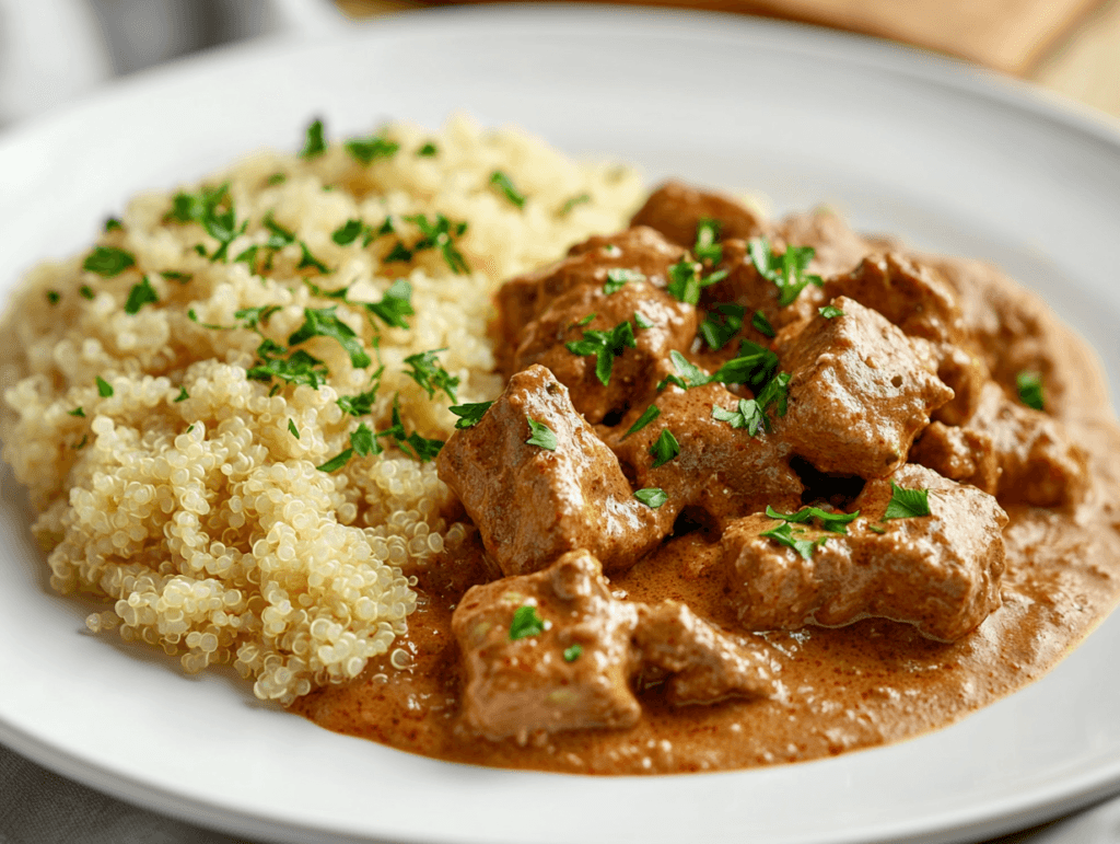 Beef stroganoff served with fluffy quinoa on the side