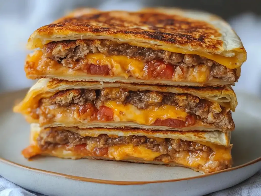 A platter of freshly made Crunchwrap Sliders with dipping sauces.