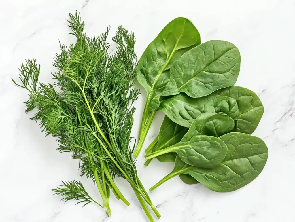Fresh spinach leaves with herbs on a white marble background.
