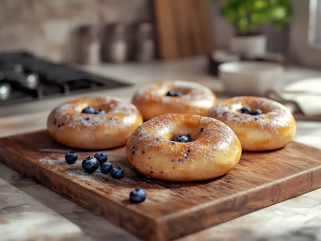Text: Freshly baked blueberry bagels on a wooden board