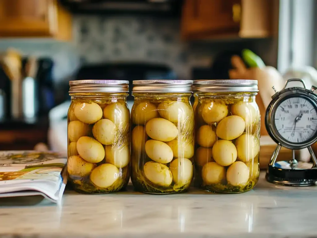 A timer next to jars of pickled eggs.