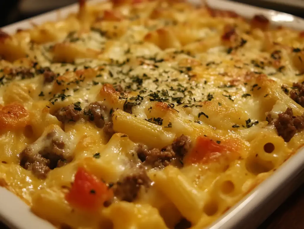 A golden-brown dish of baked mac and cheese with ground beef.