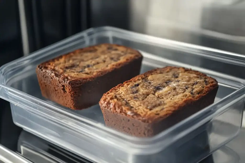 Banana bread slices stored in an airtight container to maintain freshness.