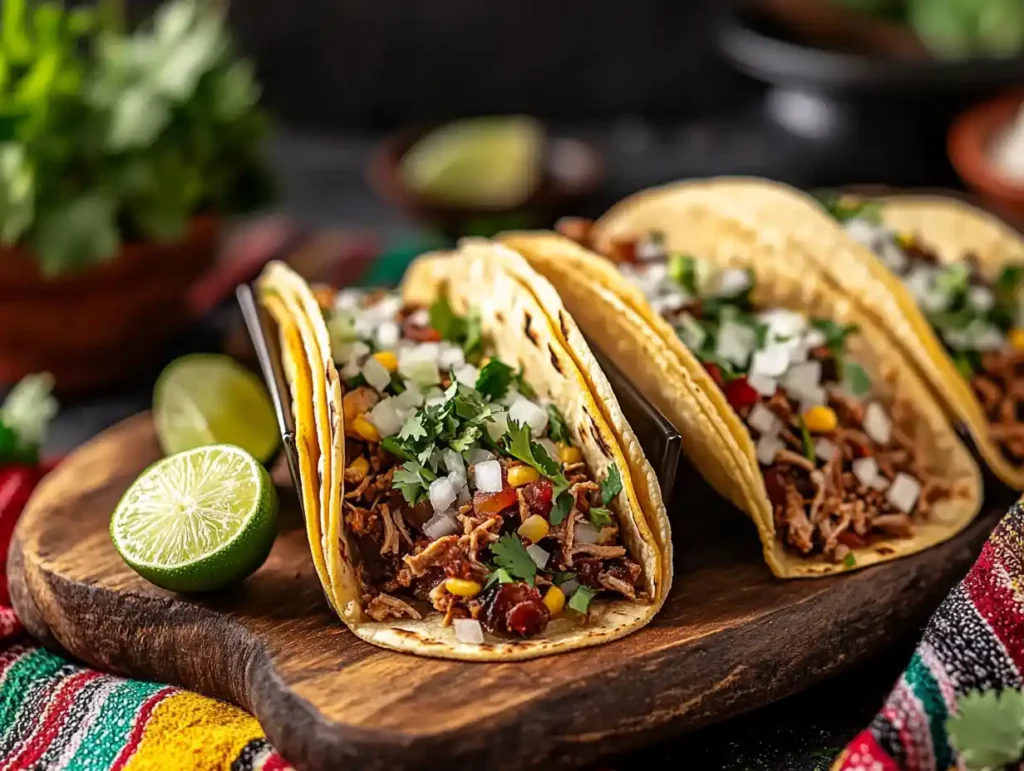 Tacos filled with shredded meat from soup bones
