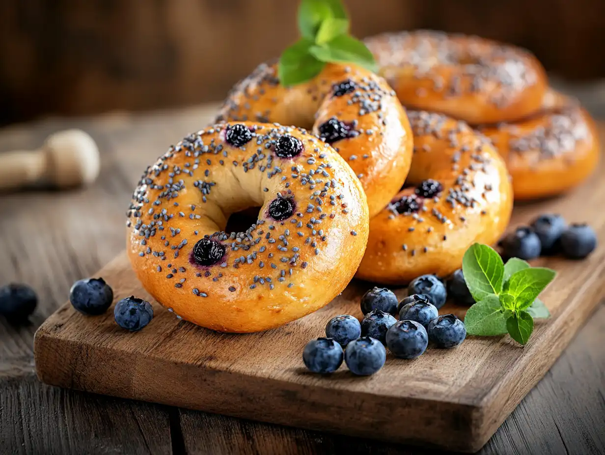 Freshly baked blueberry bagels on a wooden cutting board