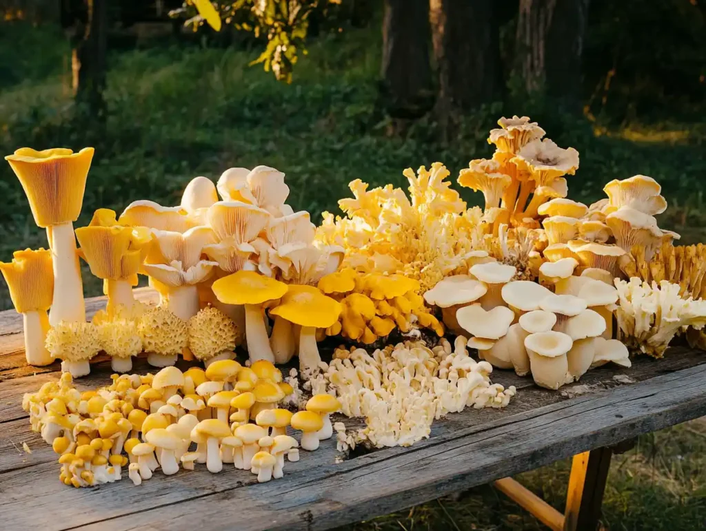 Edible and toxic yellow mushrooms displayed on a wooden table.