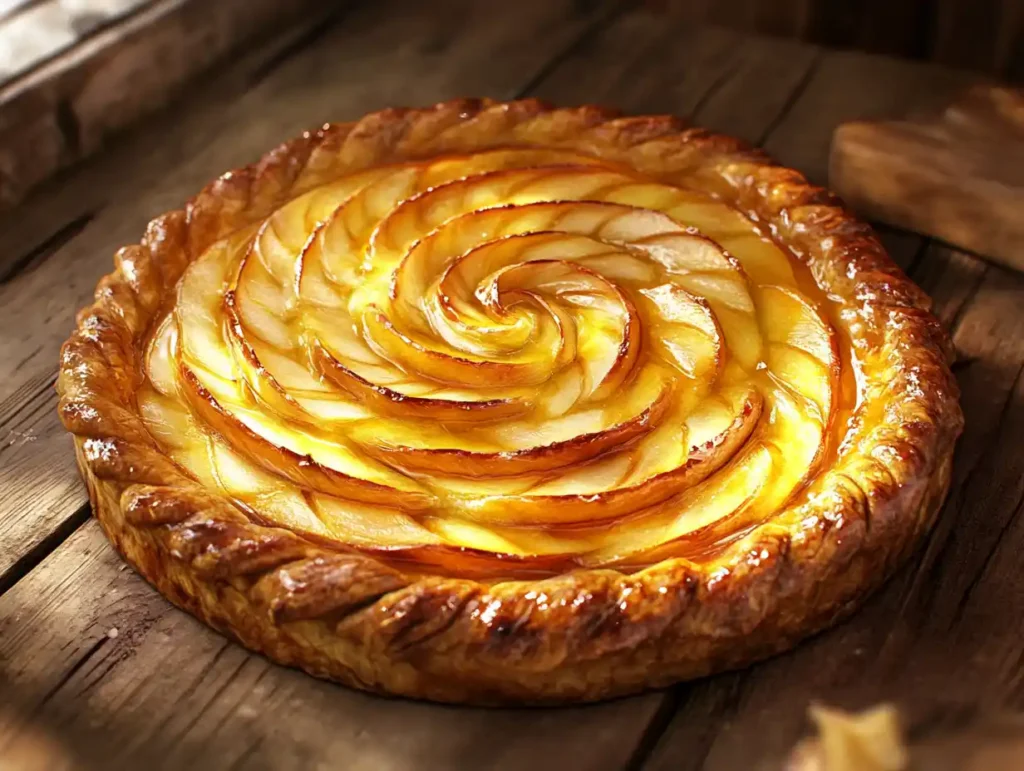 A beautifully arranged French apple pie with a golden crust and thinly sliced apples.