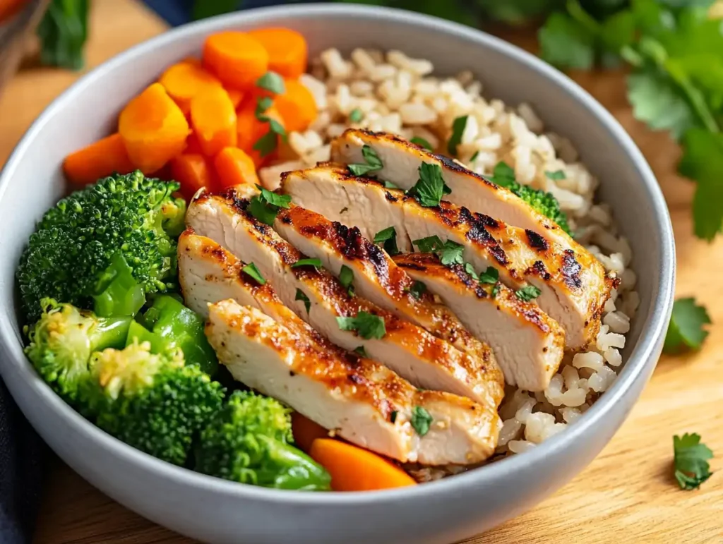 A healthy bowl of rice and grilled chicken with vegetables.