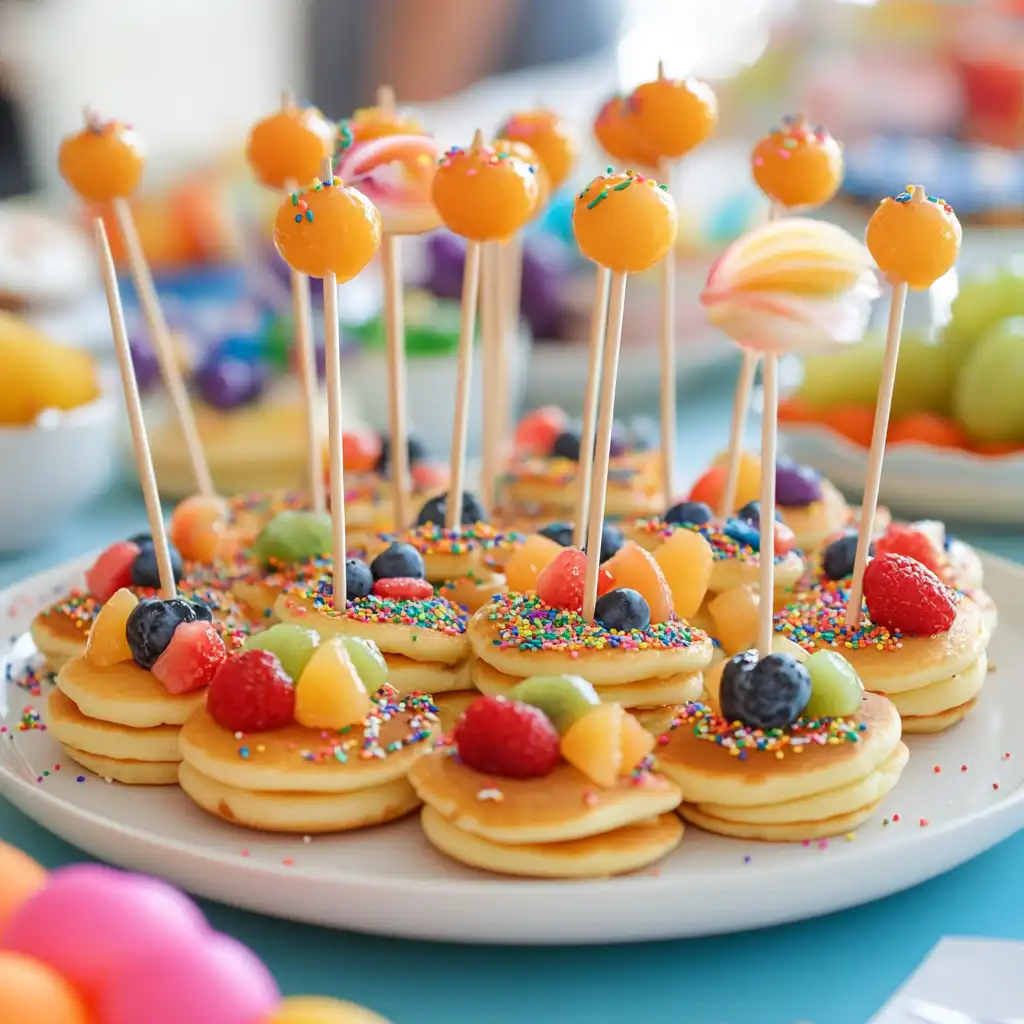 Savory Mini Pancakes Mini pancakes topped with smoked salmon and cream cheese.
