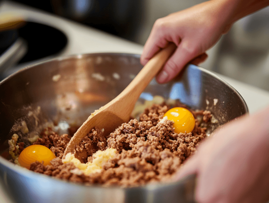 Hands mixing egg into ground beef with a spoon.