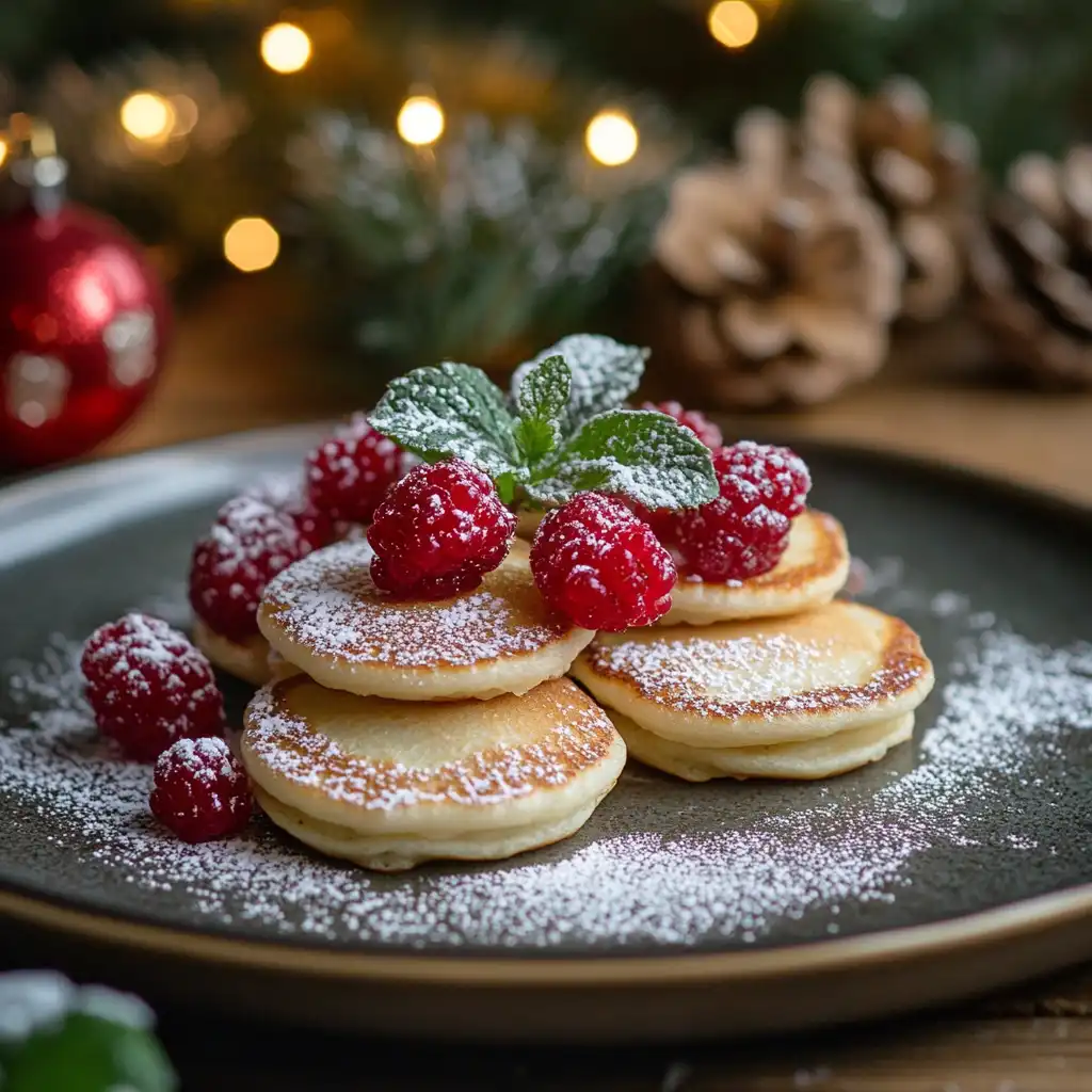 Holiday Mini Pancakes Mini pancakes decorated for Christmas with red and green toppings.