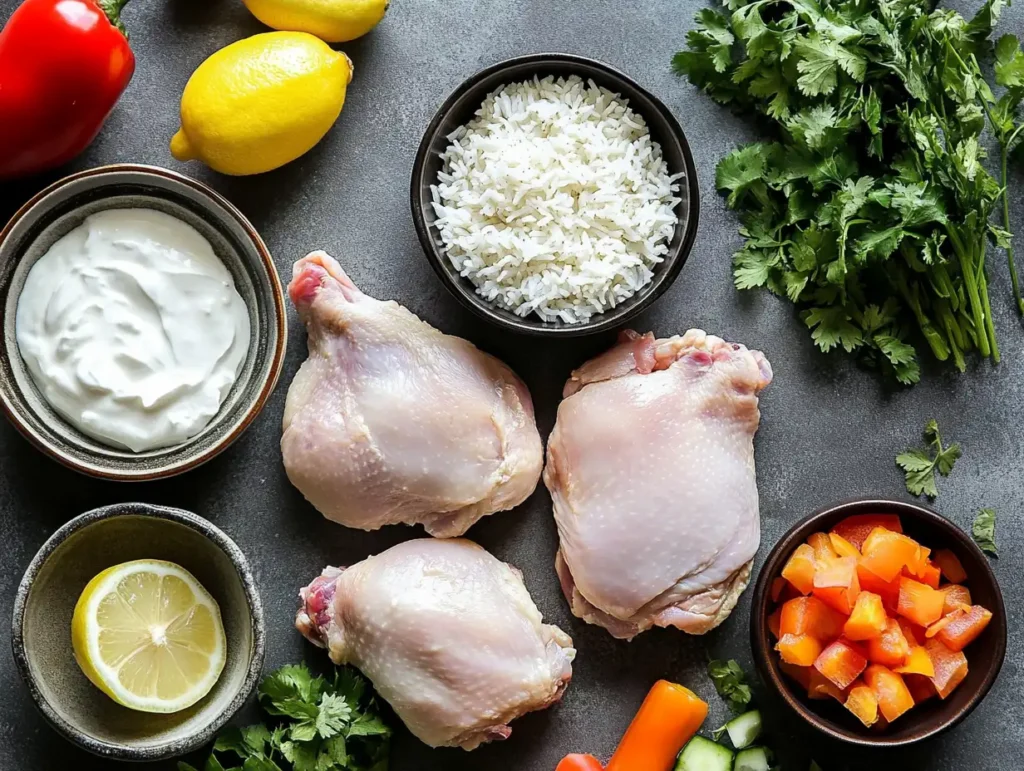 Ingredients for Chicken Over Rice Fresh ingredients for chicken over rice, including chicken, rice, spices, and sauces.