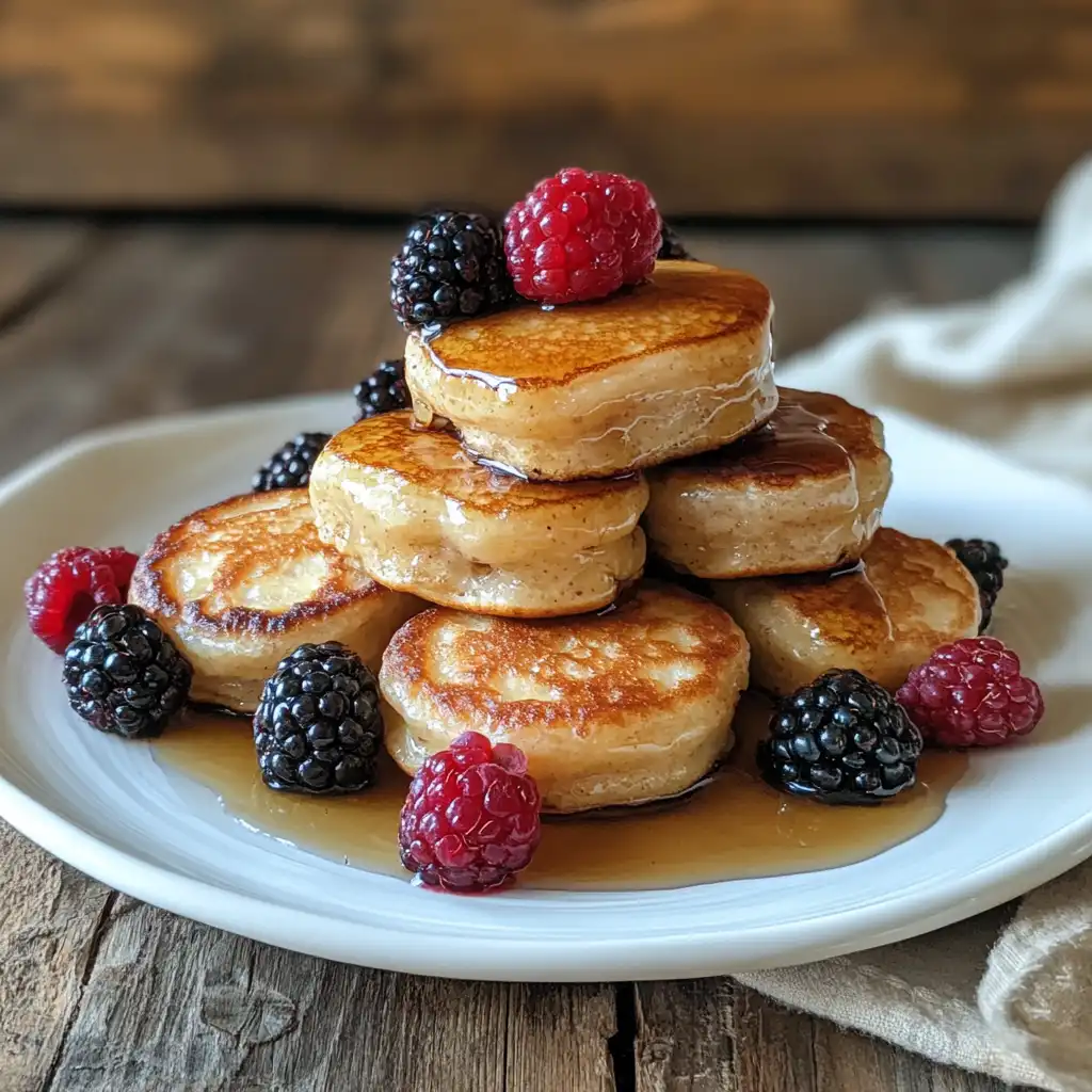 A stack of mini pancakes topped with fresh berries and syrup.