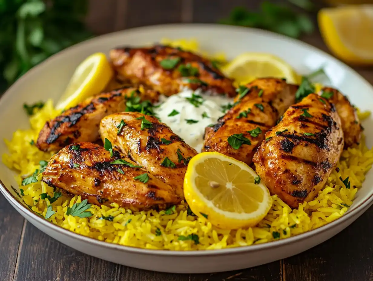 A vibrant plate of chicken over rice garnished with herbs and drizzled with white sauce.