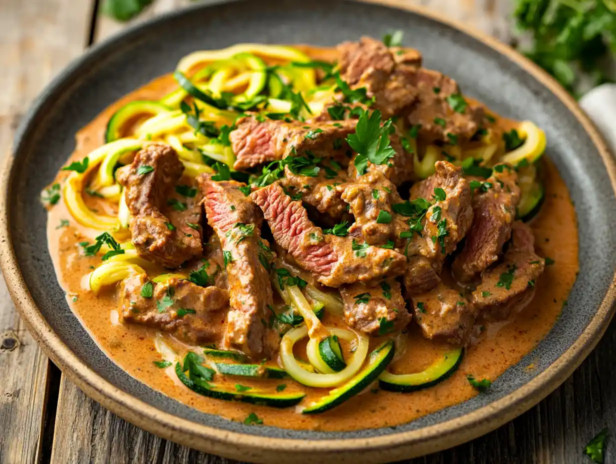 A plate of beef stroganoff served with zucchini noodles