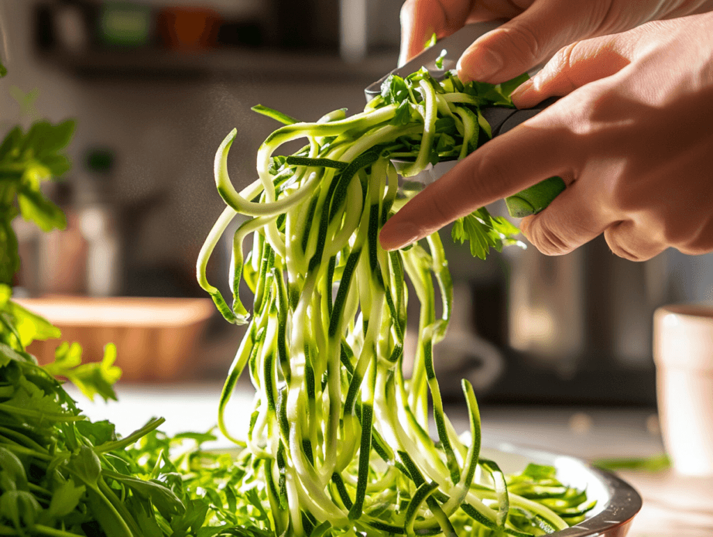 Zucchini noodles being spiralized into a bowl
