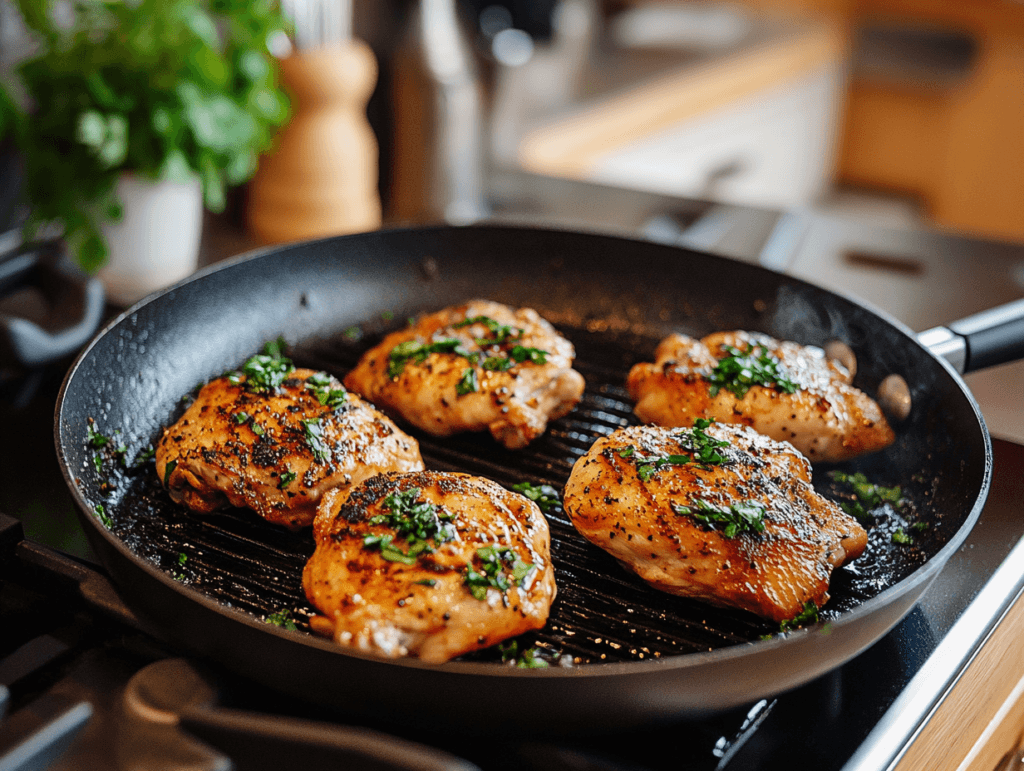 Grilling Chicken for Chicken Over Rice Chicken being grilled on a stovetop pan with golden-brown crusts.