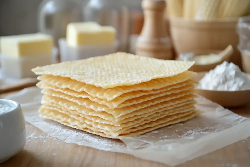Baking homemade wafer cookies with ingredients and tools.