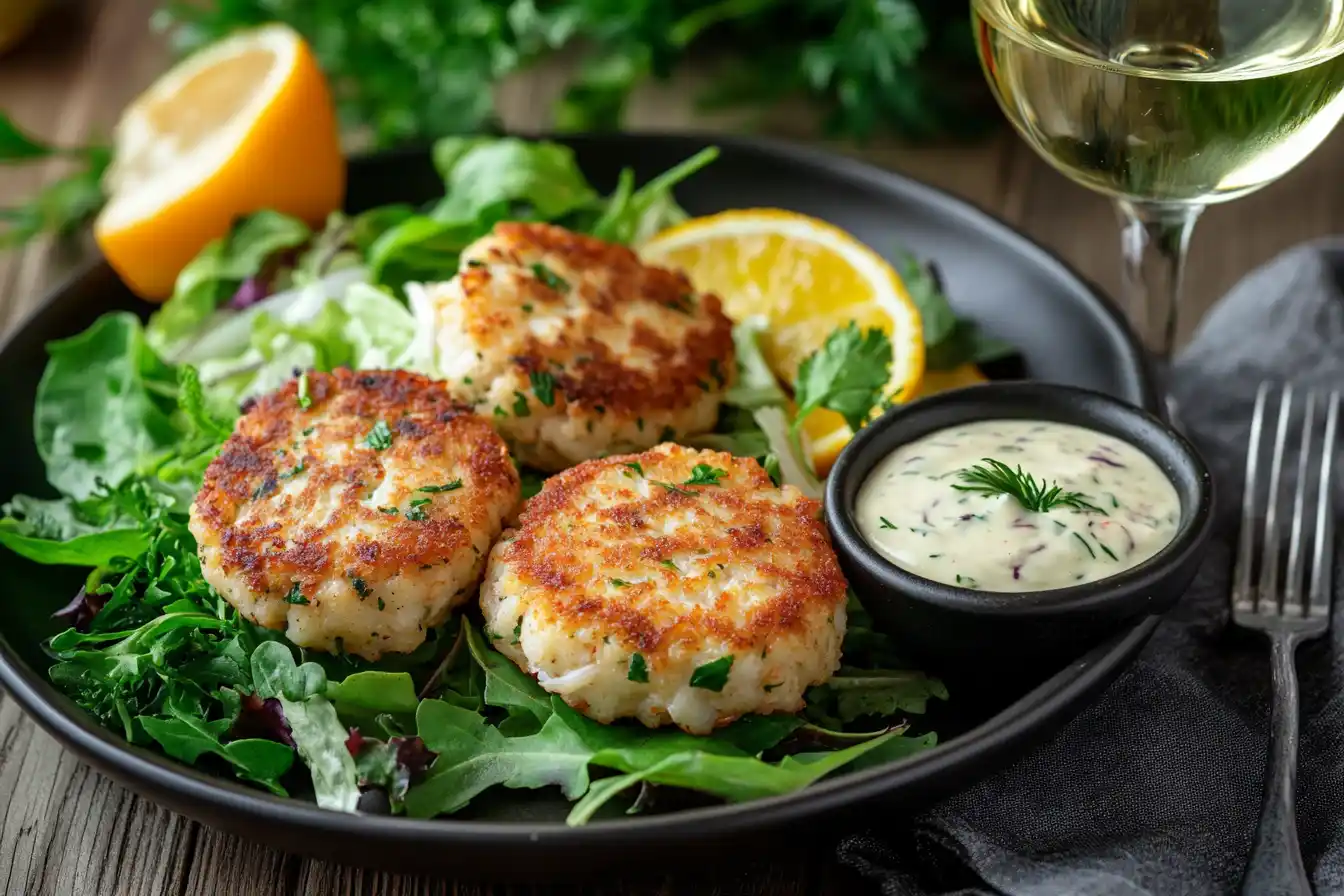 A plate of crab cakes with salad, dipping sauce, and wine.