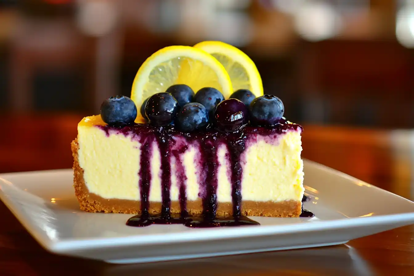 Lemon blueberry cheesecake with a graham cracker crust, topped with fresh blueberries and lemon slices.