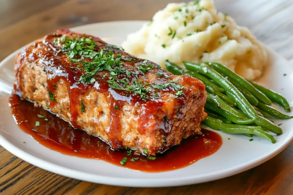 A slice of moist meatloaf with a shiny glaze and side dishes.