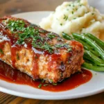 A slice of moist meatloaf with a shiny glaze and side dishes.