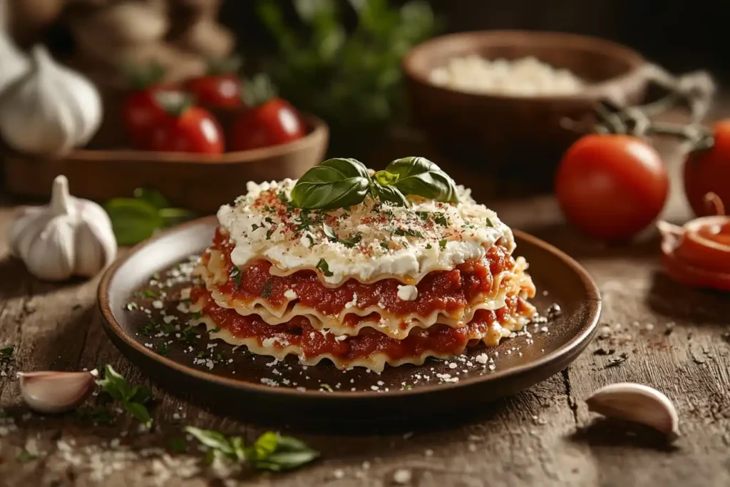 Classic lasagna with layers of pasta, sauce, and cheese on a wooden table.