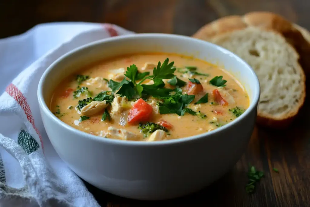 Bowl of broccoli cheddar chicken soup with cheese and bread.