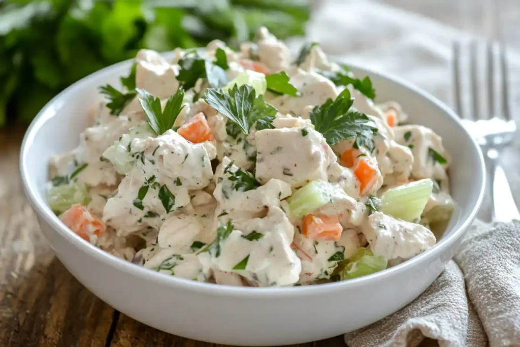 A perfectly prepared chicken salad garnished with fresh herbs.