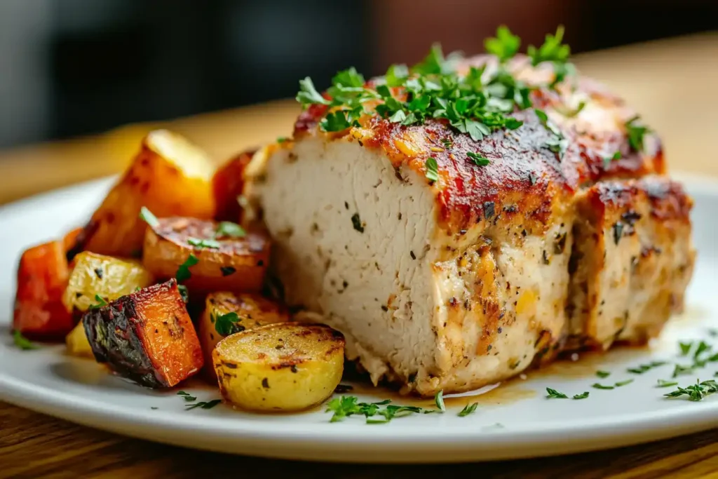 Chicken meatloaf slice served with roasted vegetables.