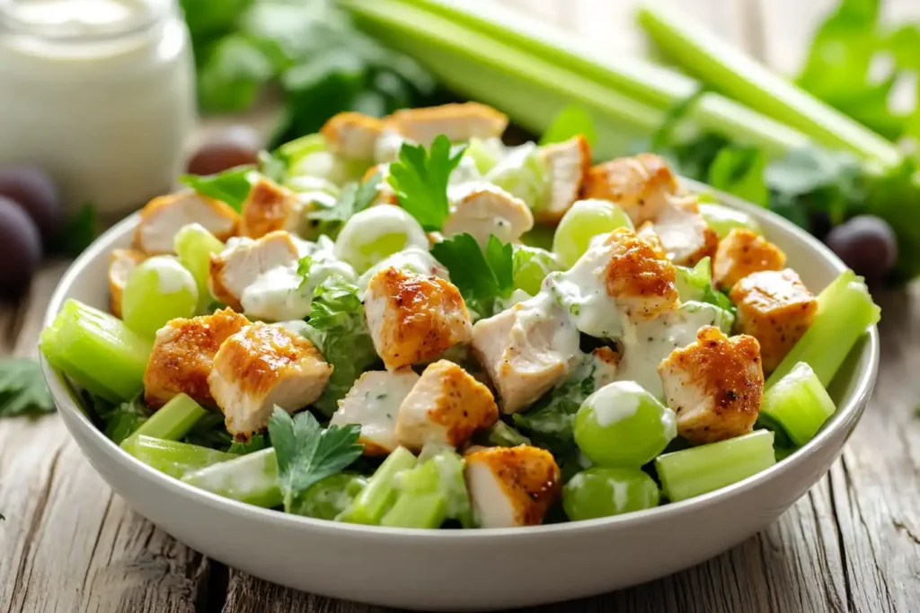 A bowl of 4-ingredient chicken salad with chicken, celery, grapes, and mayonnaise on a wooden table.