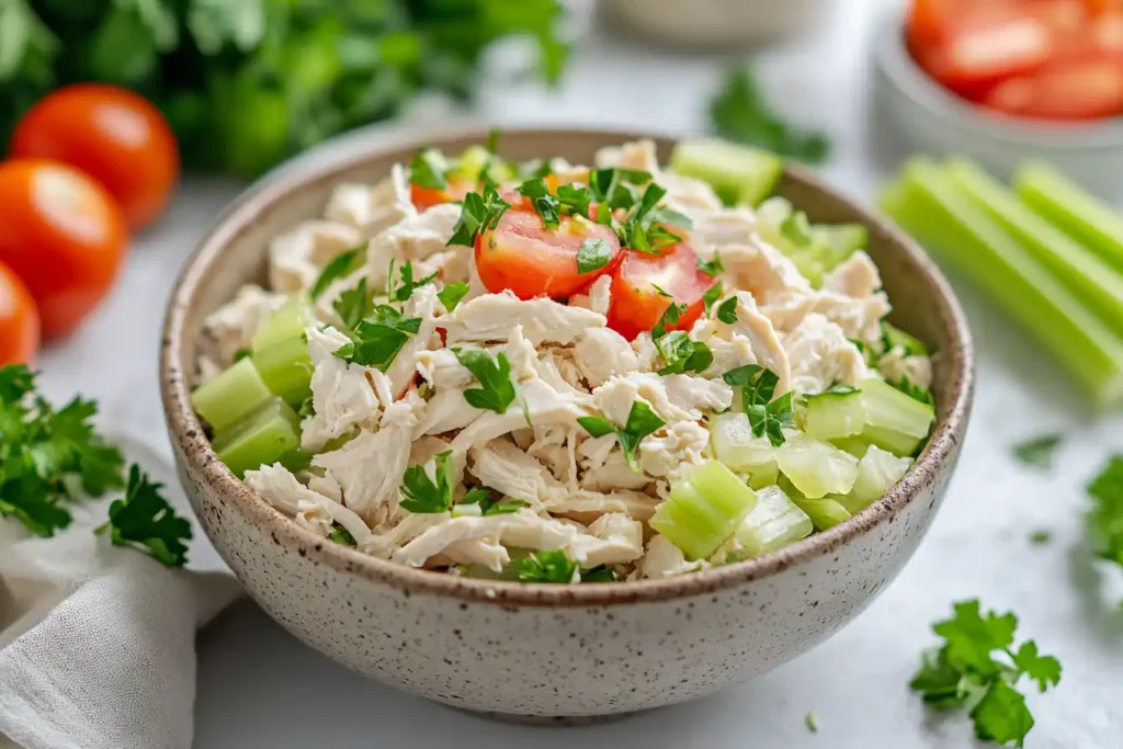 Chicken salad with shredded and chopped chicken halves displayed side by side.