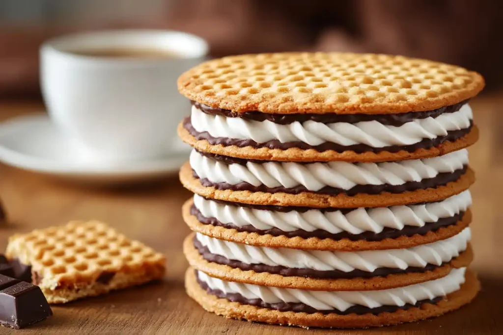 A stack of wafer cookies with cream layers on a wooden table.
