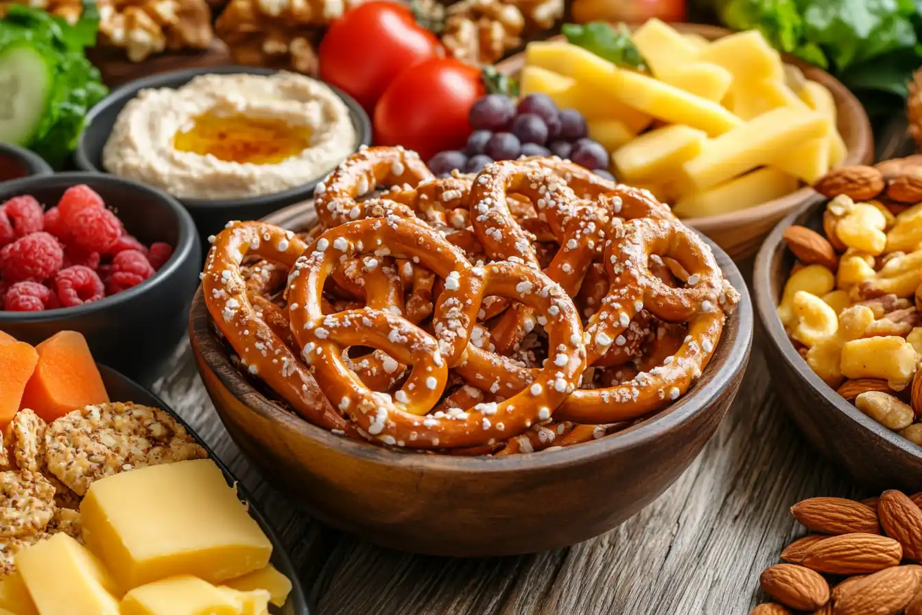 Bowl of pretzel rods with healthy dips and snacks on a wooden table.