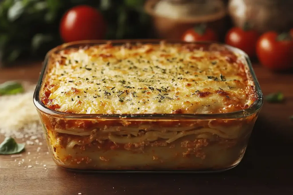 Freshly baked lasagna with layers of cheese and sauce.