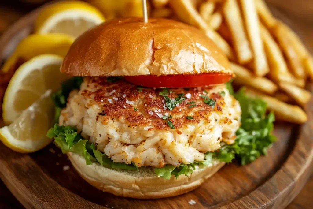 A close-up of a crab cake sandwich with fries and lemon slices.