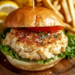 A close-up of a crab cake sandwich with fries and lemon slices.