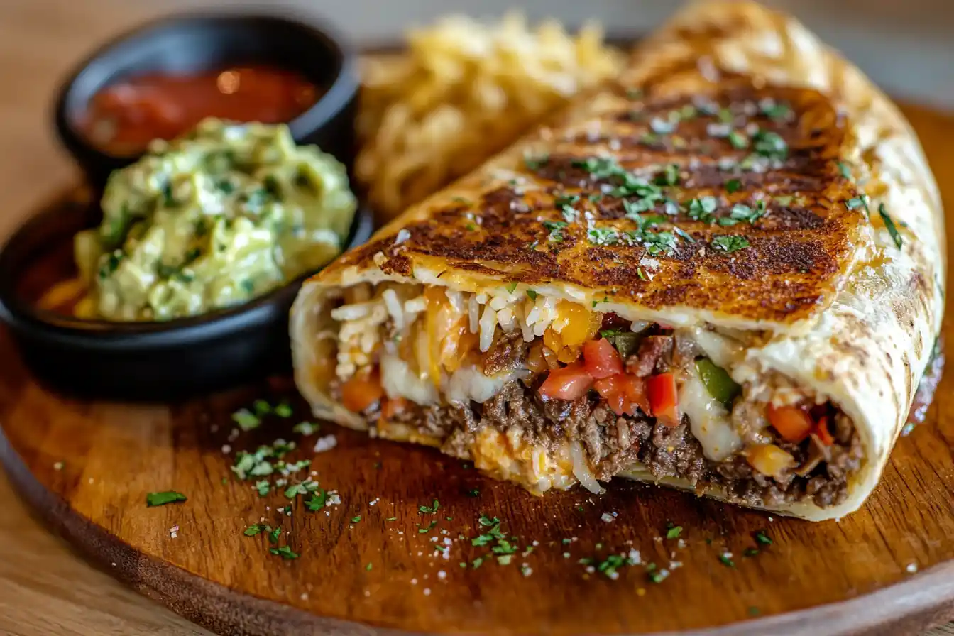 Grilled Cheese Burrito cut in half showing melted cheese and fillings.
