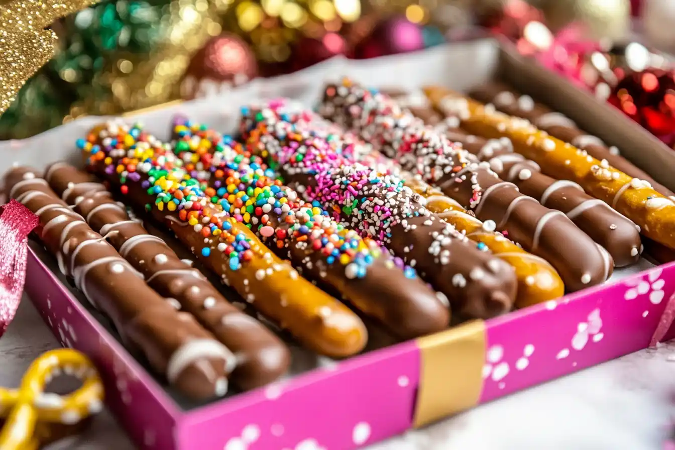 Chocolate-covered pretzel rods decorated with sprinkles and ribbons in a gift box.
