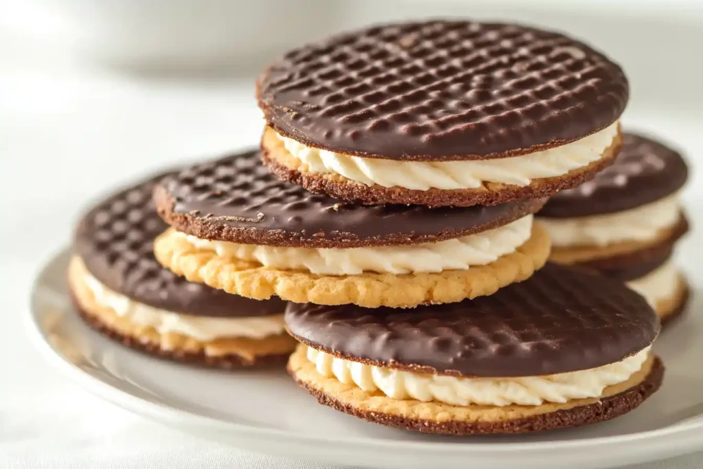 Stack of classic wafer cookies with cream layers.