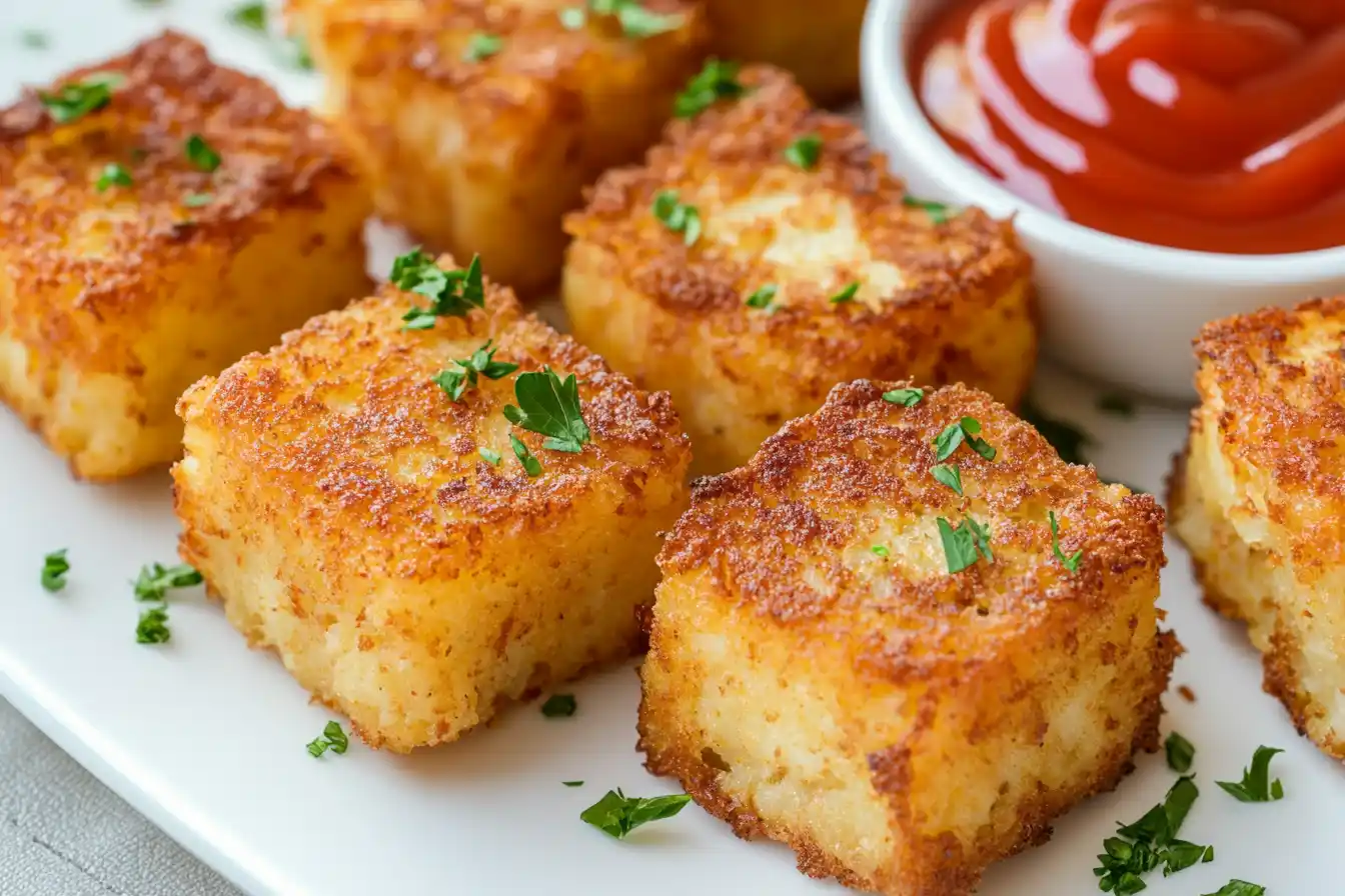 Crispy hash browns served with ketchup.