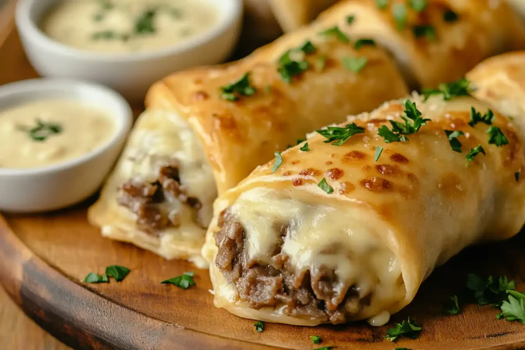 Crispy Philly cheesesteak egg rolls with dipping sauces.