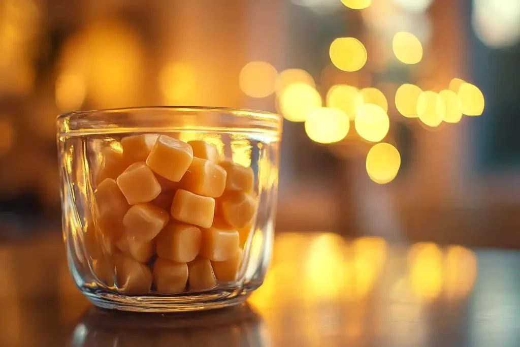 Golden butterscotch candies in a glass jar.