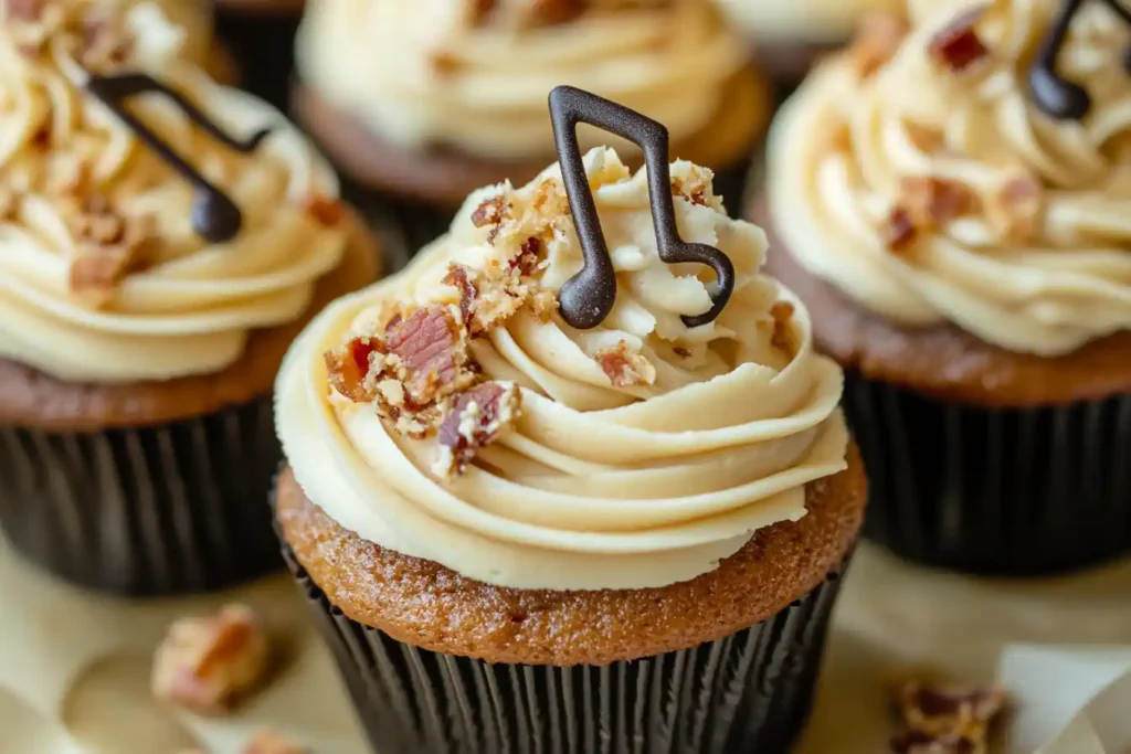 Elvis-inspired cupcakes with peanut butter and bacon toppings.