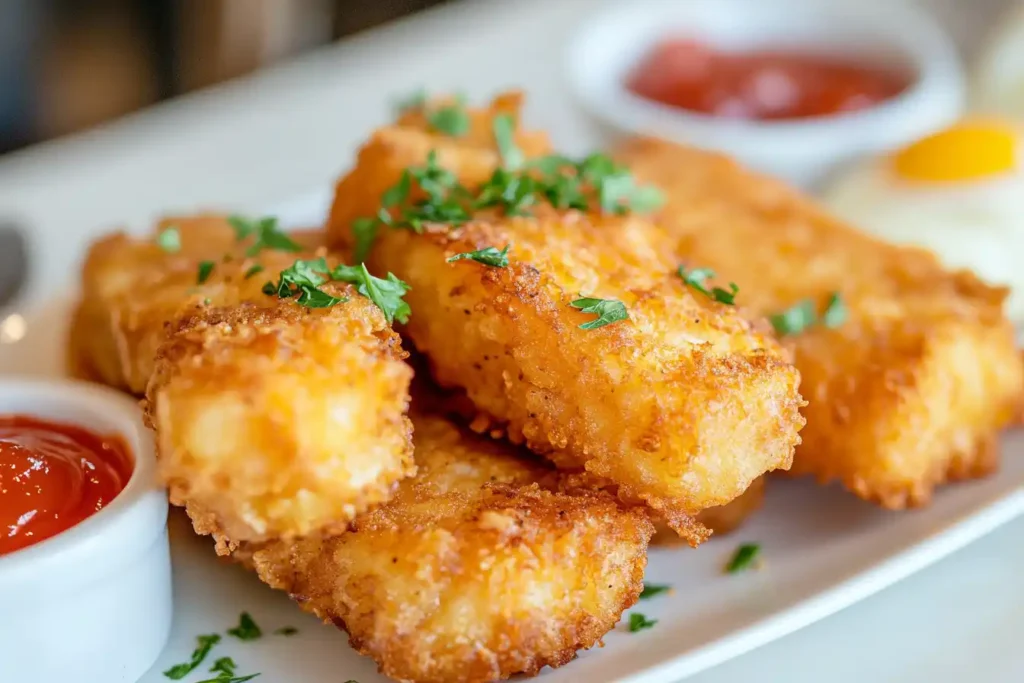 Crispy restaurant-style hash browns served with eggs and ketchup.
