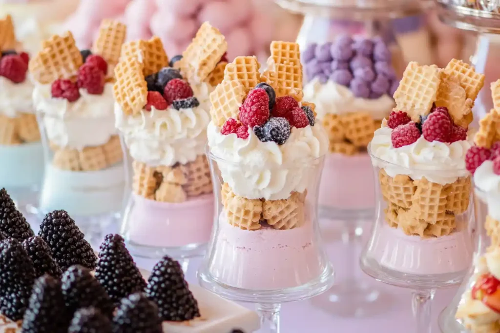 Desserts decorated with wafer cookies.